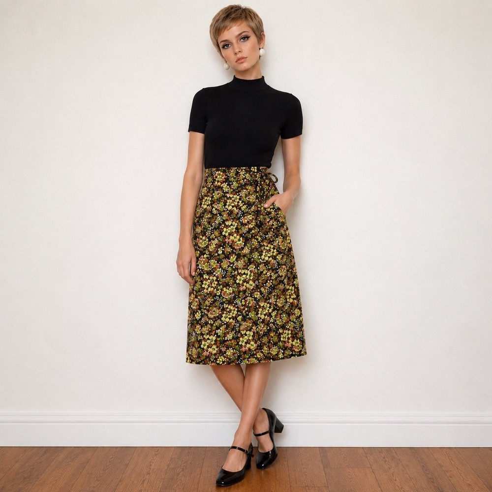 Vintage 1970's Floral Wrap Skirt Size Small Boho Fall MOD Twee Green Yellow